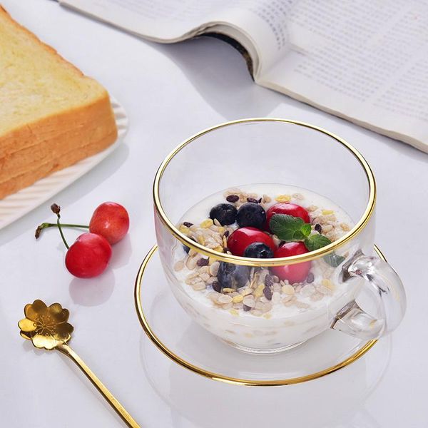 

transparent gold rim glass breakfast cup, household oatmeal large-capacity milk drinking cup with handle and spoon wine glasses