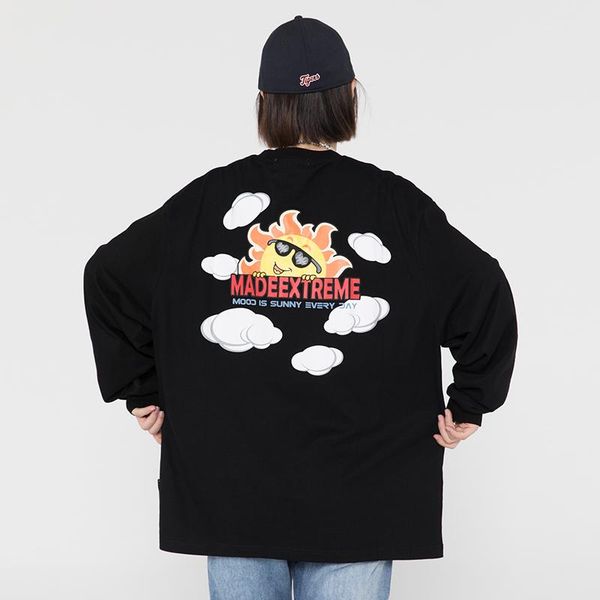 

men's t-shirts cartoon printed sun loose long-sleeved t-shirt, White;black
