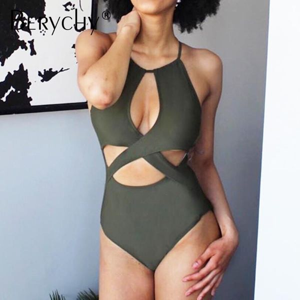 

hollow out one piece swimsuit women swimwear female 2021 high waist solid color bathing suit bandage bodysuit monokini one-piece suits