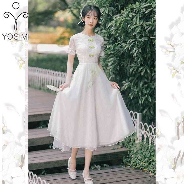 

yosimi women dress elegant summer chinese style cheongsam embroidery white voile and lace short sleeve mid-calf party 210604, Black;gray