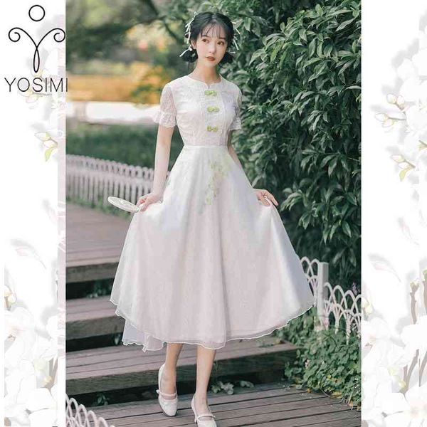 Yosimi Mulheres Vestido Elegante Verão Chinês Cheongsam Bordado Branco Voile e Lace Manga Curta Mid-Balf Party 210604