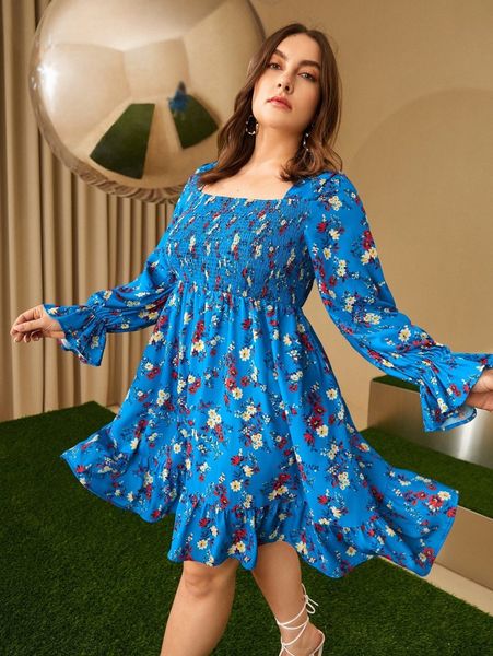 

allover floral print shirred bust ruffle hem dress n683#, Black