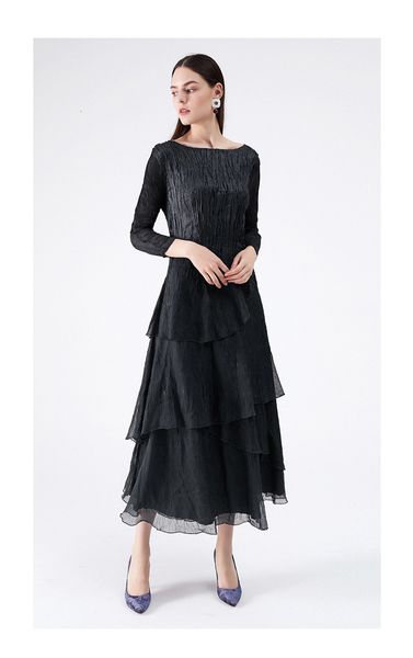 

dress miyake longs leeve o-neck fold solid cake ball gown, Black;gray