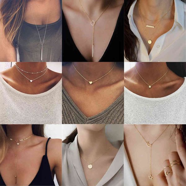 

necklaces pendants bohemian tiny heart star for women short chain coin bar moon pendant gift choker, Silver