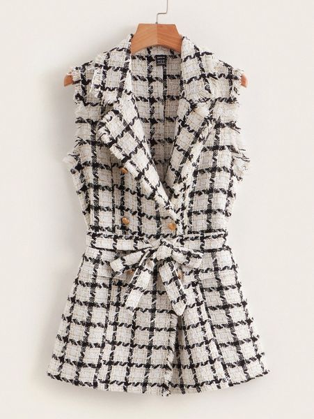 

plaid pattern raw trim belted tweed vest overcoat 52td#, Black
