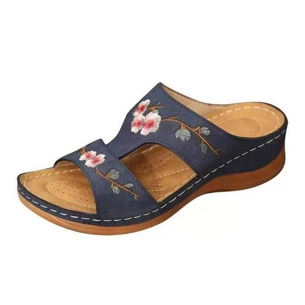 

slippers 2021 summer women's shoes hollow flower embroidery sandals wedge heel large size, Black
