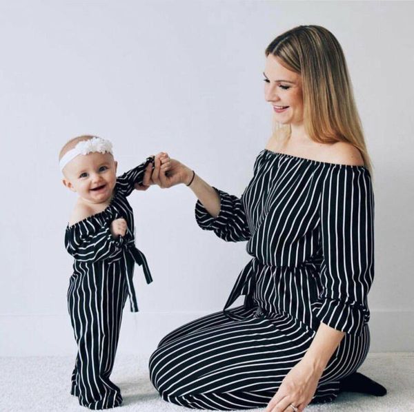 

women's jumpsuits & rompers fashion family matching mom kids clothes striped long sleeve playsuit bodysuit jumpsuit outfits, Black;white