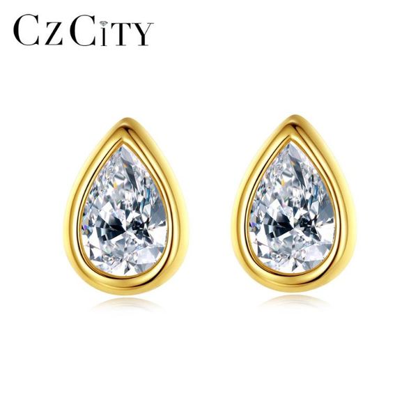 

minimalism 925 sterling silver teardrop-shape stud earrings women girls clear cz stone petite korean style gift se-467, Golden;silver