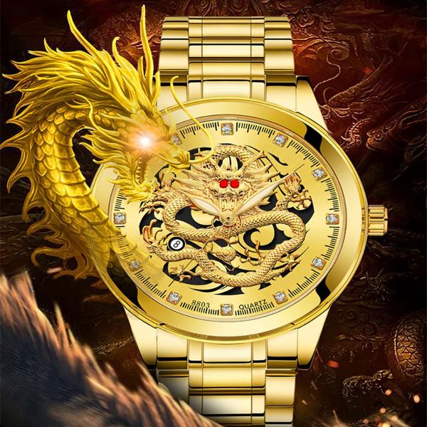 

wristwatches gold mens watches chinese dragon watch business full steel quartz clock male time relogio masculino 2021, Slivery;brown