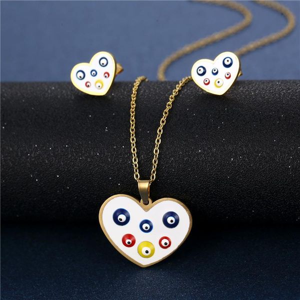 

earrings & necklace turkish style evil eyes jewelry set for women stainless steel heart gold clavicle chain gift, Silver