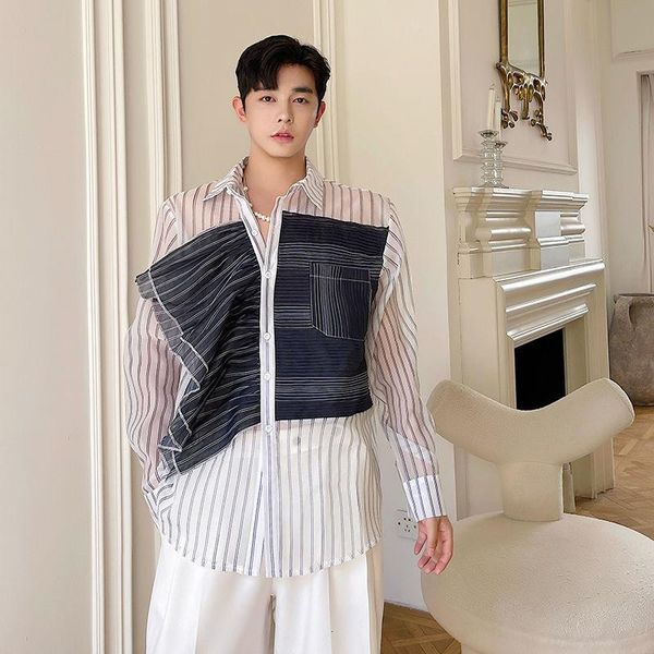 

men's casual shirts vintage fashion shirt stage clothing ruffle men loose long sleeve thin sunscreen stripe male streetwear, White;black