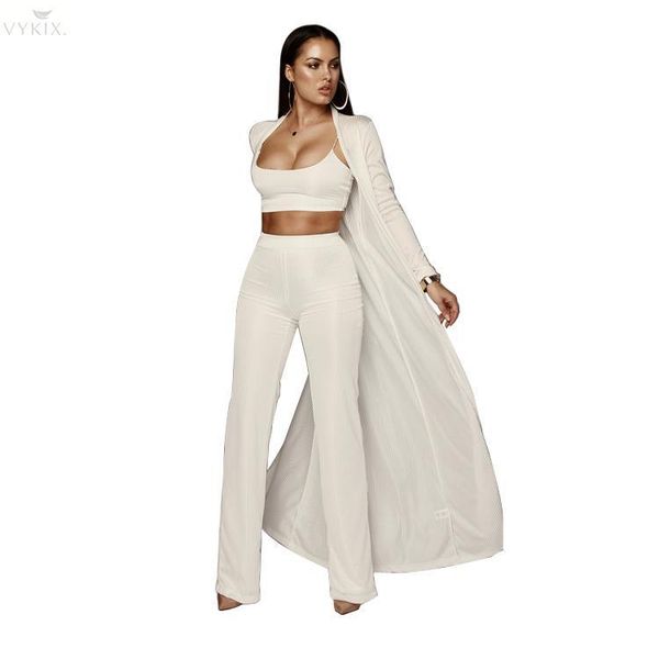

two piece dress 2021 winter women's set casual tank+full sleeve cardigan loose lace up wide leg pants solid color three suit, White