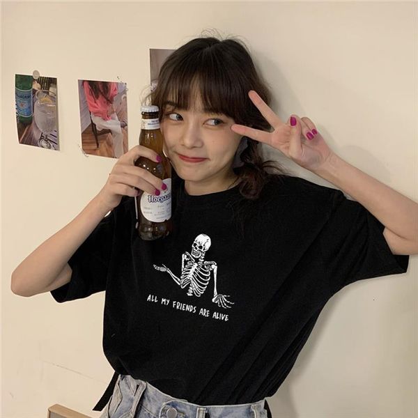 

all my friends are alive mens and womens skull print punk gothic fashion casual cute harajuku o neck vintage, White;black