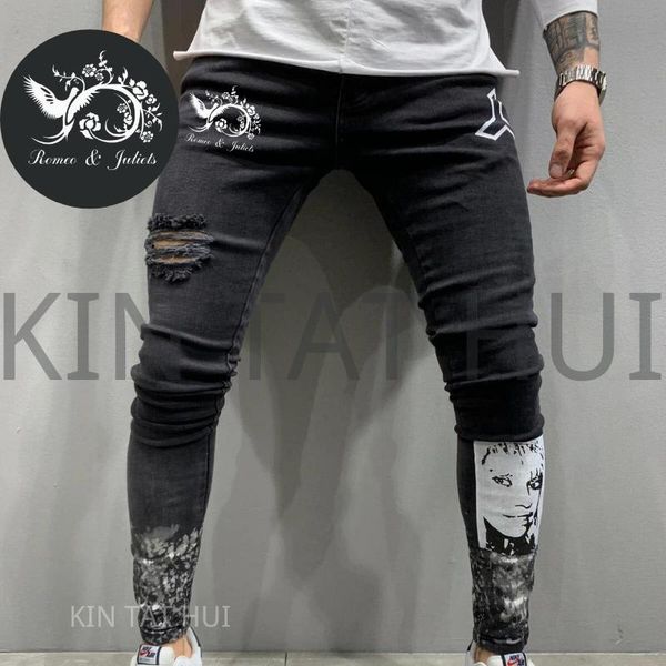 

men ripped jeans male hole biker hip hop slim fit punk phoenix pattern denim pants cotton screen printing man men's, Blue
