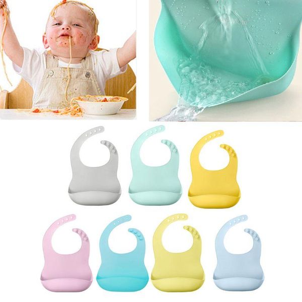 

solid color baby silicone waterproof bib with pockets feeding saliva towel apron designed a deep and wide crumb catcher bibs & burp cloths