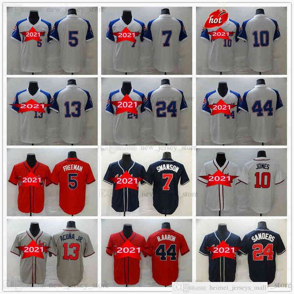 

2022 stitched baseball 13 ronald acuna jr. jerseys 5 freddie an 7 dansby swanson 10 chipper jones 24 deion sanders 44 hank aaron jersey, Black