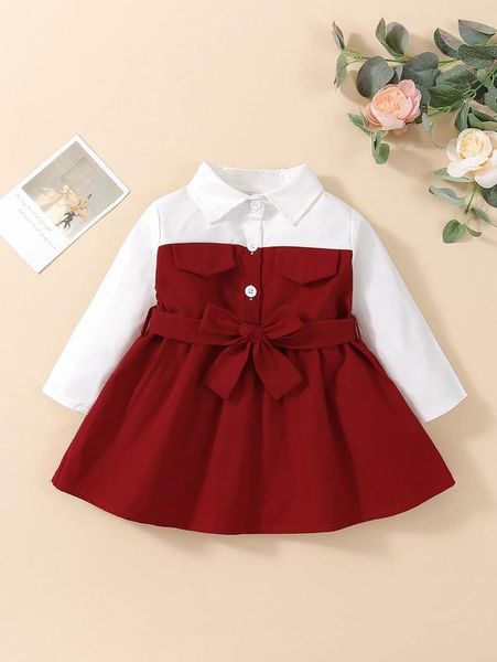 

baby girl two tone flap detail belted shirt dress she, Red;yellow