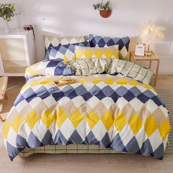 

cartoon yellow grey diamond plaids duvet cover set cotton twin  size print bedding bedlinens fitted sheet pillow cases sets
