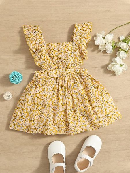 

baby ditsy floral print ruffle trim dress she, Red;yellow
