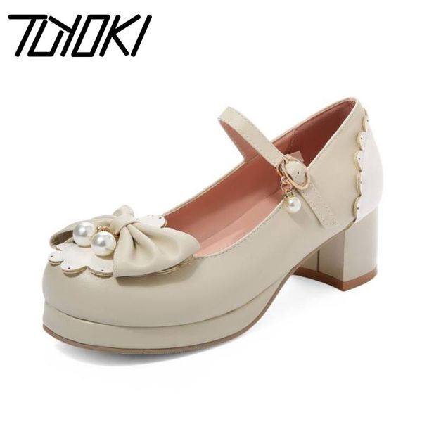 

dress shoes tuyoki women pumps fashion metal buckle round toe platform sweet style bowknot pearls footwear size 30-46, Black