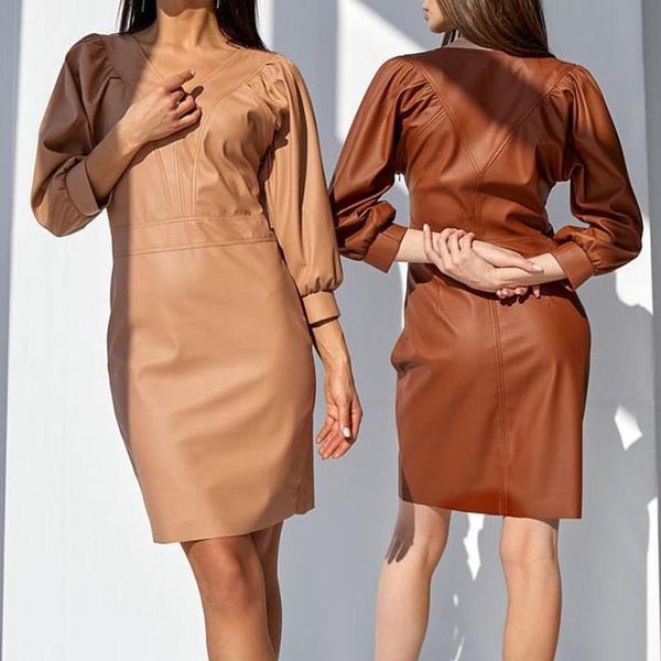 

fashion v neck pu leather dresses women elegant casual spring solid mini dress puff sleeve straight ladies, Black;gray