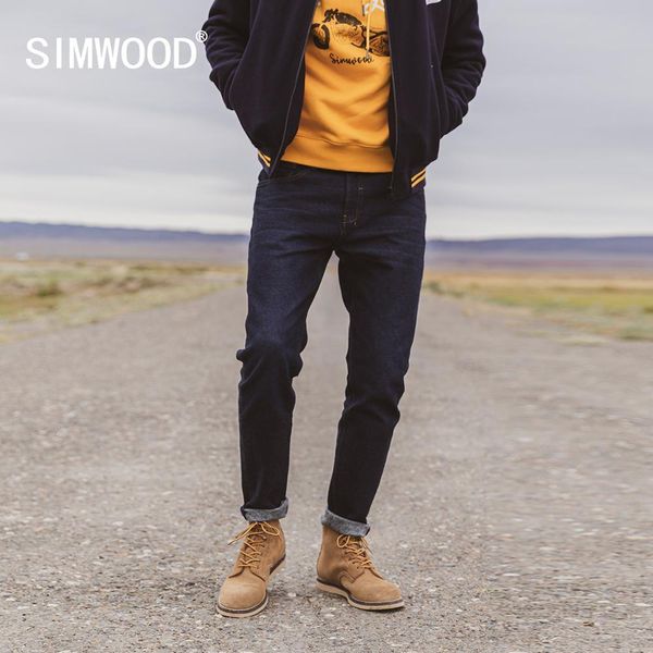 

simwood winter fleece lining slim fit tapered jeans men environmental friendly laser water washed denim trousers sk130131, Blue