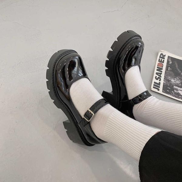 

sandals small leather shoes women's thick soled jk uniform fashion college black medium heel mary jane high single