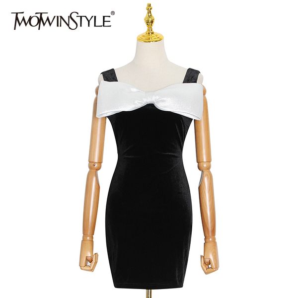 

twotwinstyle bowknot patchwork dress for women square collar sleeveless high waist min slim dresses female summer fashion 210517, Black;gray