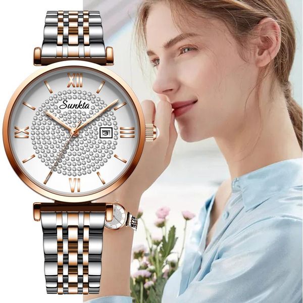 

wristwatches sunkta women watches fashion casual ladies watch quartz diamond lady bracelet wrist for zegarek, Slivery;brown