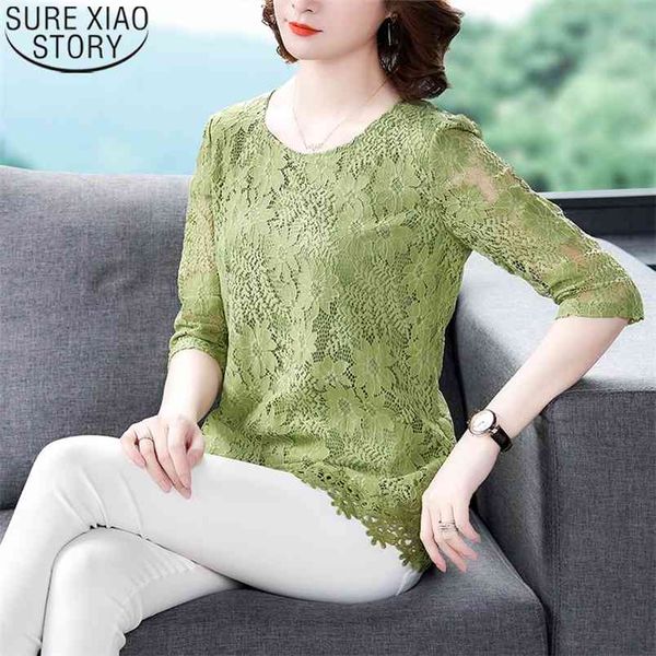 

plus size loose blouse women casual lace shirt summer fashion solid o-neck hollow long lady clothing 10283 210421, White