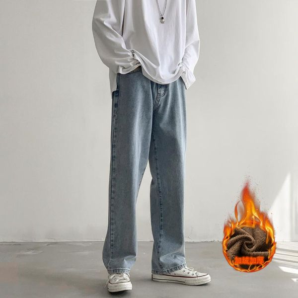 

men's jeans men black loose thick velvet jean pants 2021 winter warm fleece simple daily streetwear solid casual trousers male, Blue