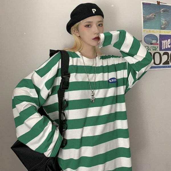 

women's t-shirt casual style hipster spring autumn long sleeve t shirts loose clothing oversize striped ins harajuku tees, White