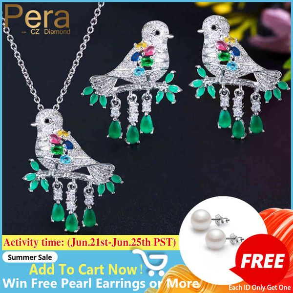 

jewelry sets pera unique fashion women bird design silver color big green cubic zirconia animal drop necklace earrings set j272, Black