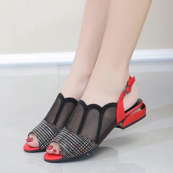 

sandals 2021 ladies fish mouth women fashion flat with thick heel mesh hollow women's shoes summer wild rhinestone tide, Black