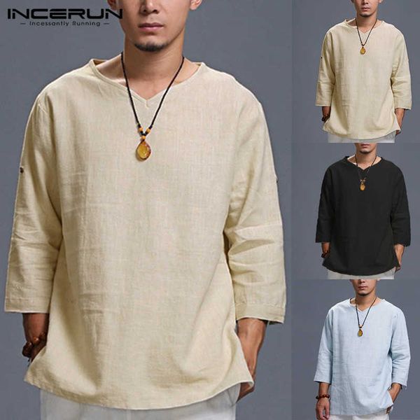 

retro mens shirts loose long sleeve cotton autumn plain tee shirt loose fit man camisa masculina ethnic male clothing p0812, White;black