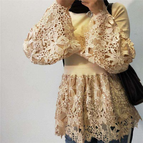 

ethnic clothing woman blouse muslim fashion plus size flared sleeve lace shirt stand-up collar middle east dubai turkey donsignet, Red