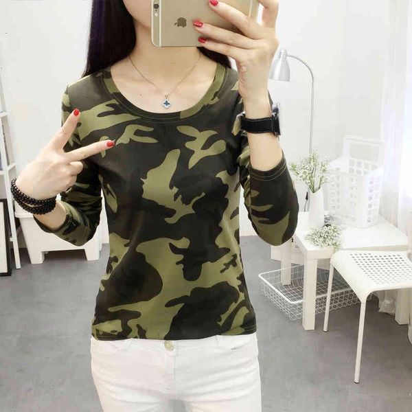 

women's t-shirt korean fashion women vintage camouflage shirt autumn cute printed slim tee femme long sleeve spring -xxl, White