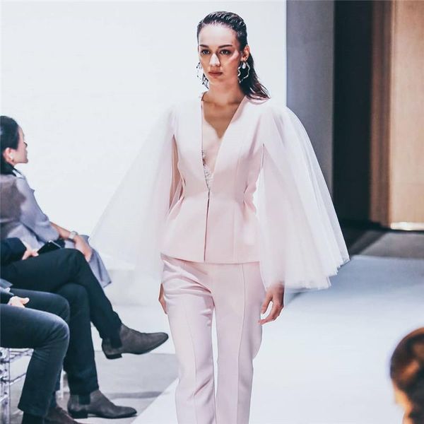 

two piece dress celebrity mesh long sleeve coat with pant pink fashion women sets evening party, White