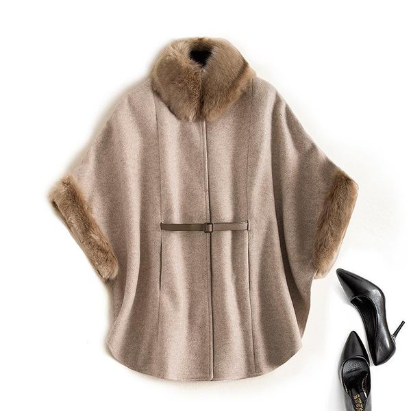 

women's wool & blends wind mall withdraw label-cut foreign trade big brand export discount winter crew neck fur collar mid-length woole, Black