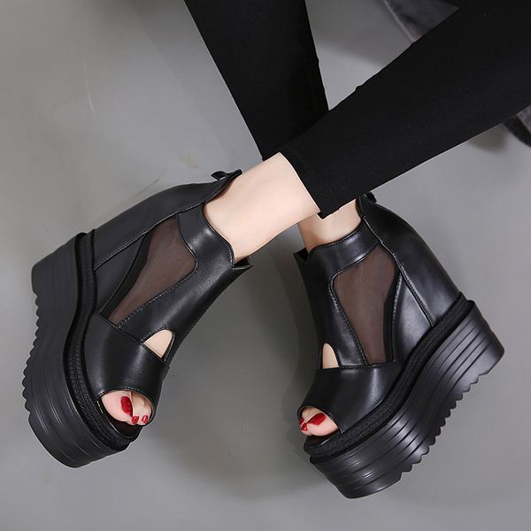 

tacn cua verano para mujer, bota con alto de malla, punta abierta, alto, plataforma, punk, Black