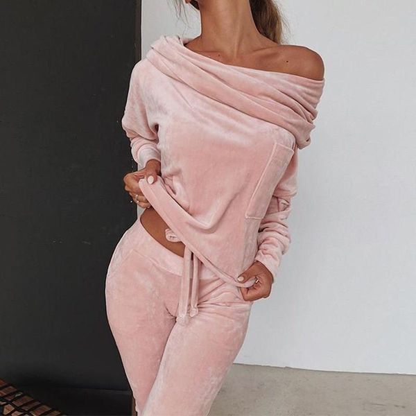 

two piece dress women velvet sets slash neck long pants outfits warm winter solid casual 2 tracksuits, White