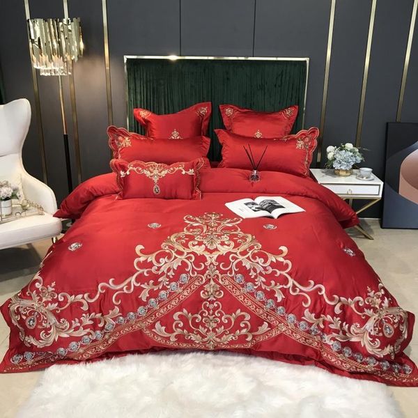 

bedding sets pure red washed silk/cotton golden embroidery princess wedding set luxury duvet cover bed sheet pillowcases  king