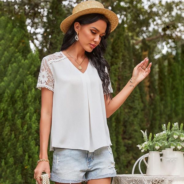 

summer women loose t-shirt short sleeve lace sleeves patchwork leisure casual wear splice pullover white simple all-match women's