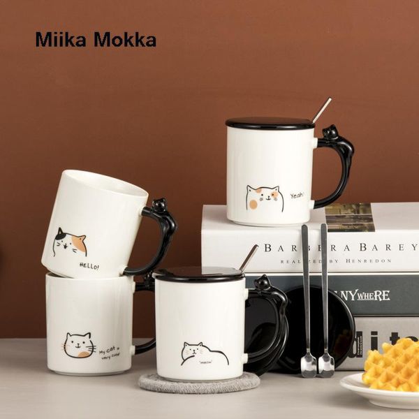 

mugs creative ceramics mug with lid and spoon cartoon cute cat milk coffee cup eco-friendly couple drinkware
