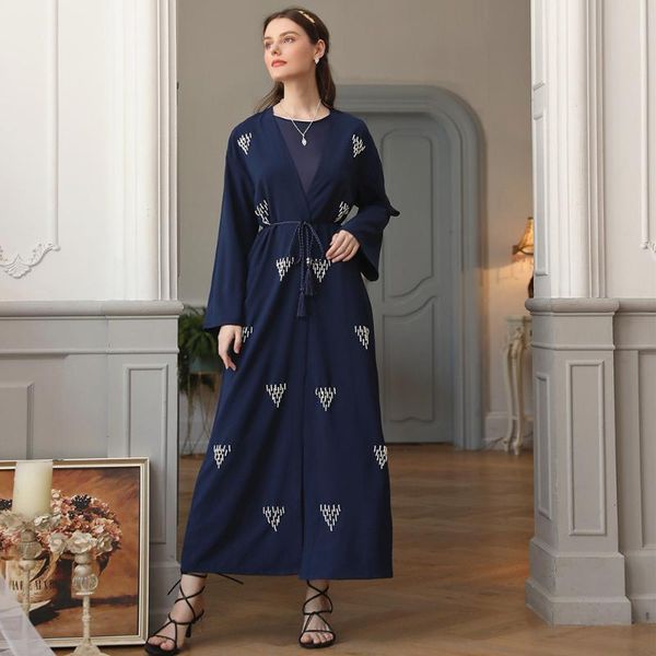 

ethnic clothing fridayin female fashion kaftan dubai abaya turkey hand-stitched pearl navy blue muslim robe vestidos, Red