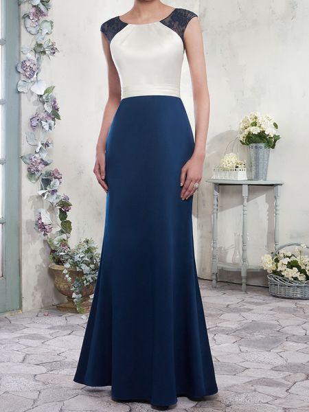 Elegante abito da madre della sposa a sirena in raso con pizzo Abiti da madre blu royal e marrone chiaro