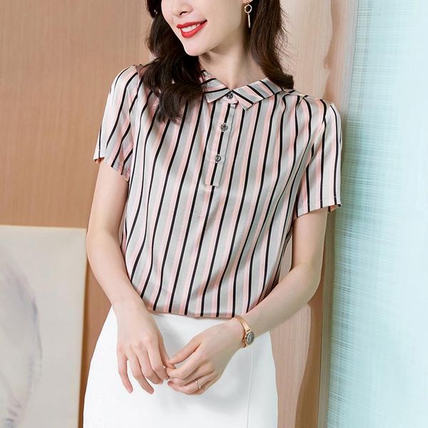 

women's blouses & shirts summer shirt silk for women striped button up clothing 2021 neck female short sleeve, White