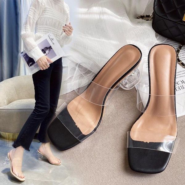 

slippers solid color thick heel for women in 2021 summer, Black