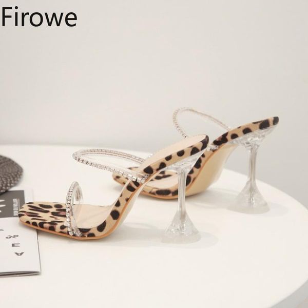 

firowe women fashion rhinestone leopard simple crystal heel square toe stiletto sandals large size slipper shoes slides slippers, Black