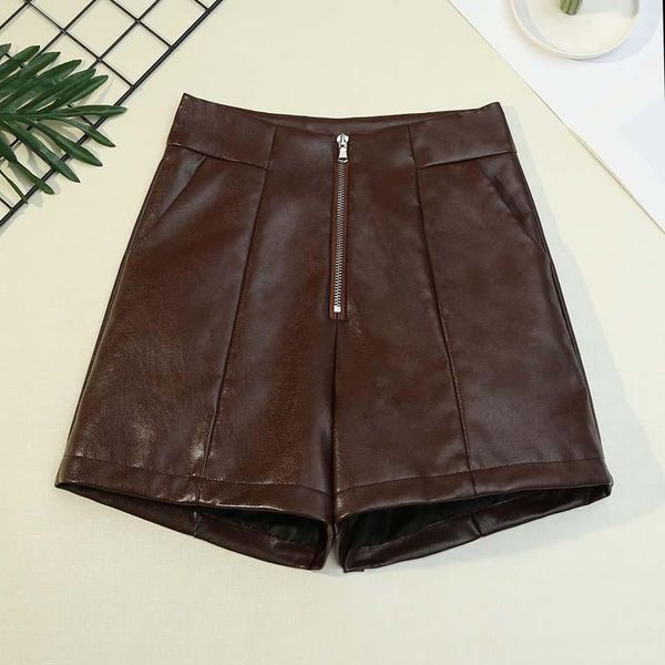 

women's shorts women summer brown pu leather high waist short clubwear faux vintage wide leg girls loose office wear, White;black